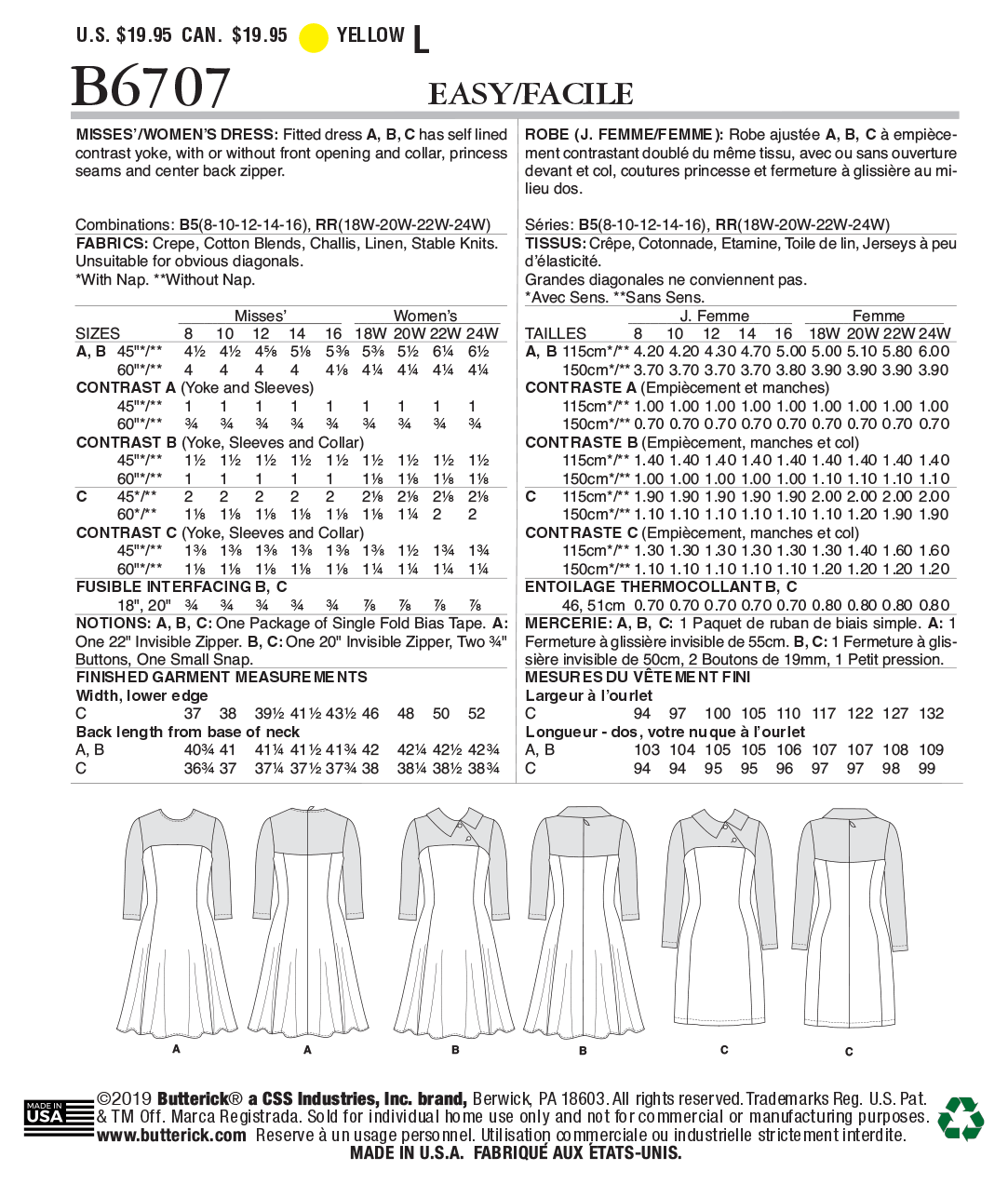B6707 Misses'/Women's Dress (Size: 18W-20W-22W-24W) - Image 3