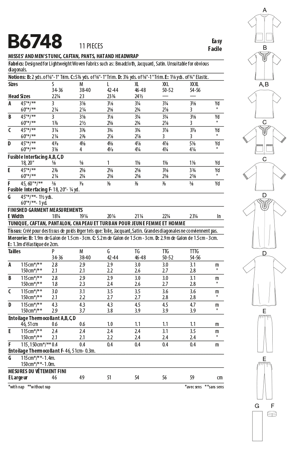 B6748 Misses'/Men's Tunic, Caftan, Pants, Hat and Head Wrap (Size: XL-XXL-XXXL) - Image 3