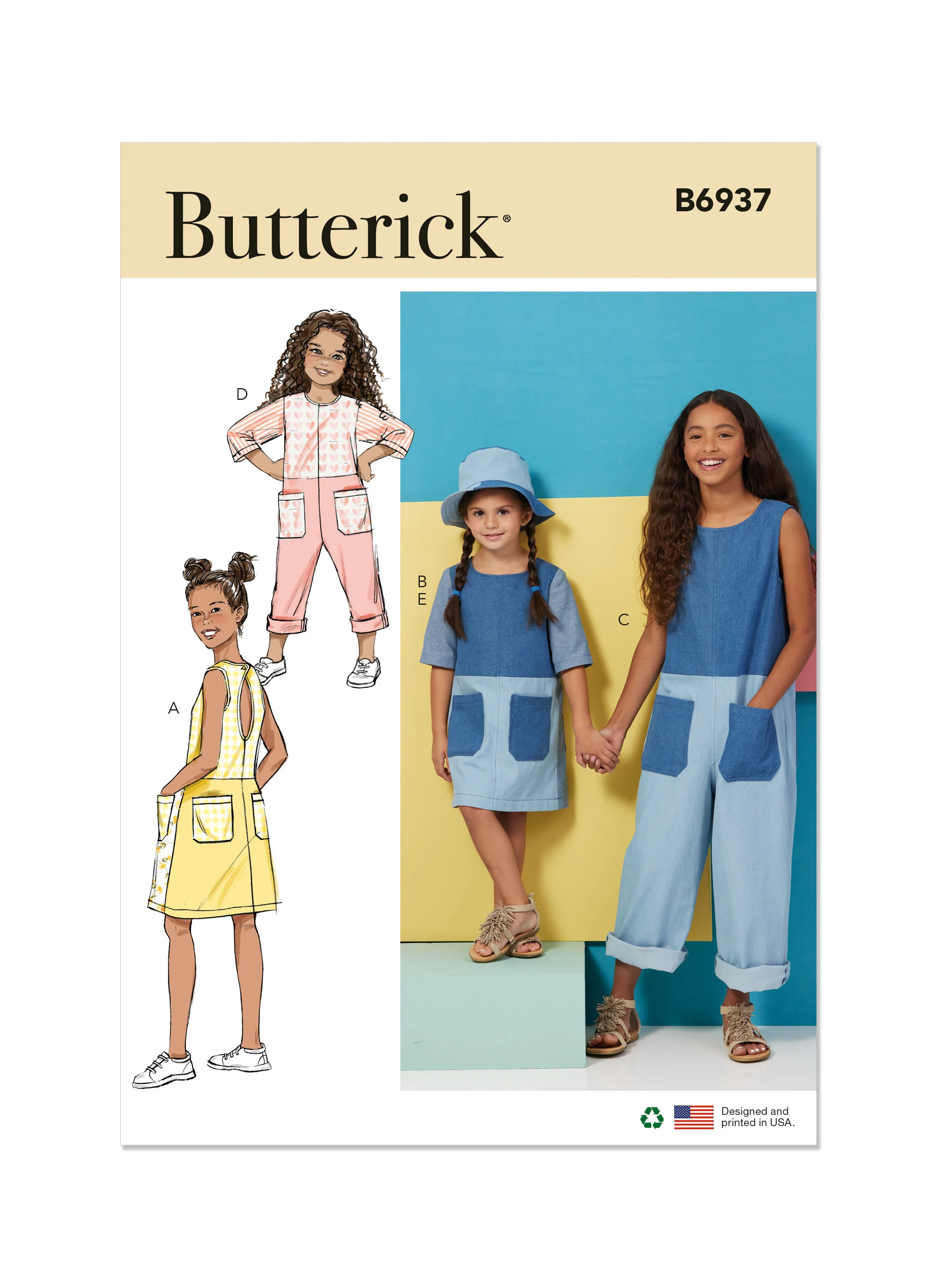 B6937 Children's and Girls' Dress, Romper and Hat (7-8-10-12-14)