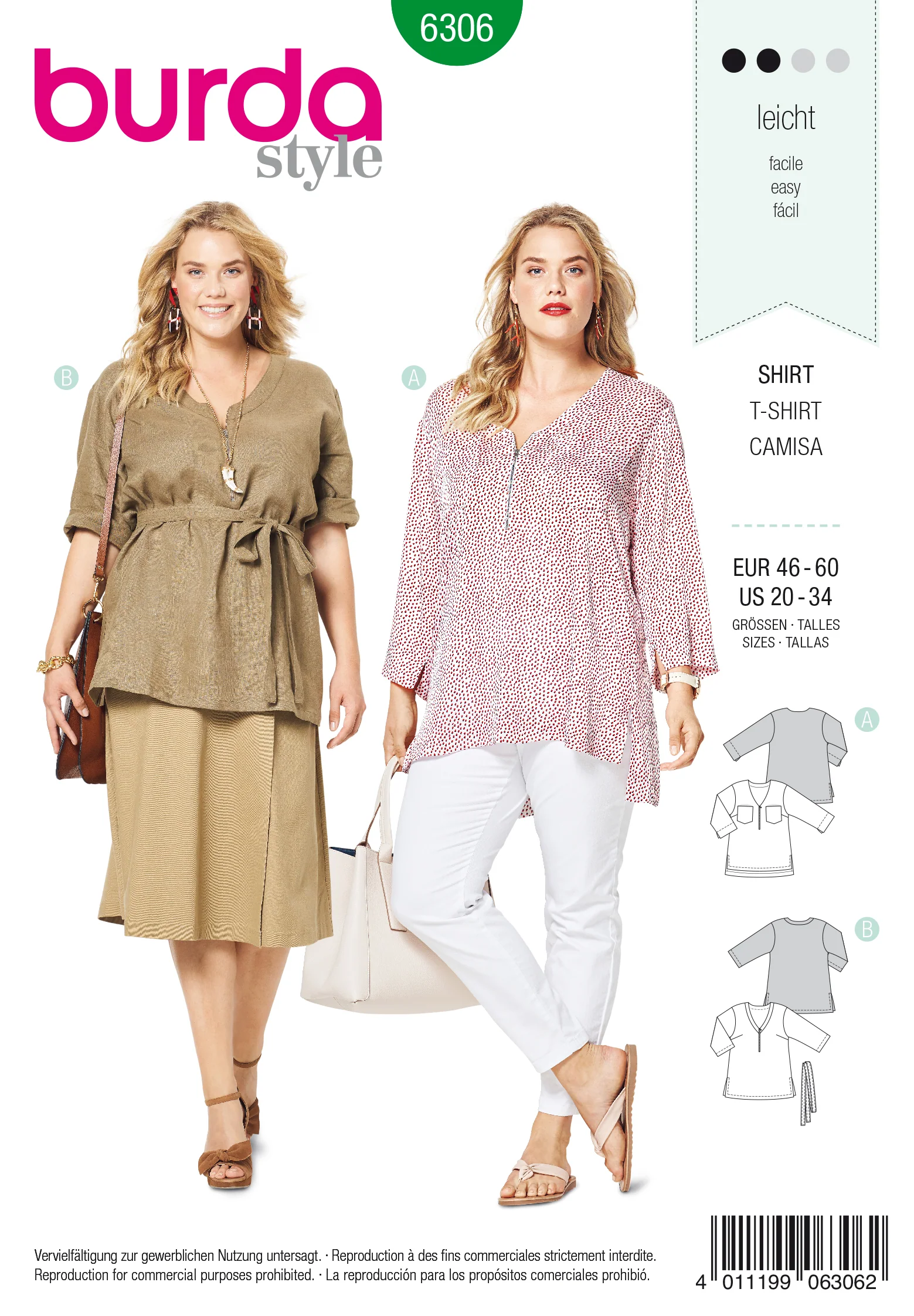 BURDA - 6306 Blouse Top – V-Neck – 3/4-Sleeves