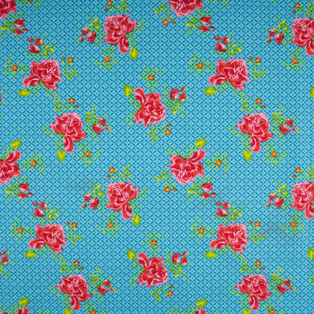Cotton Lycra Knit Print - IMA-GINE F21 - Roses - Blue / Pink