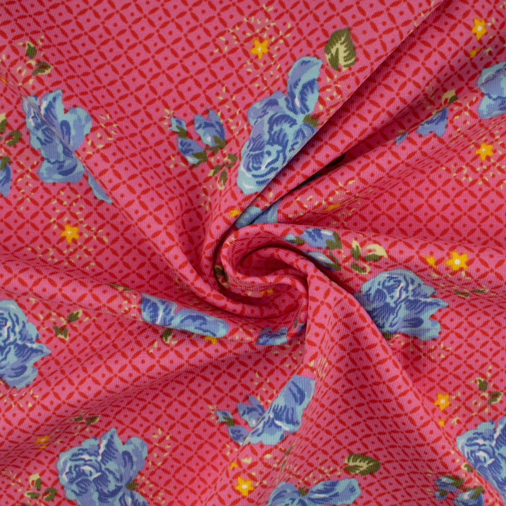 Cotton Lycra Knit Print - IMA-GINE F21 - Roses - Pink / Blue - Image 2