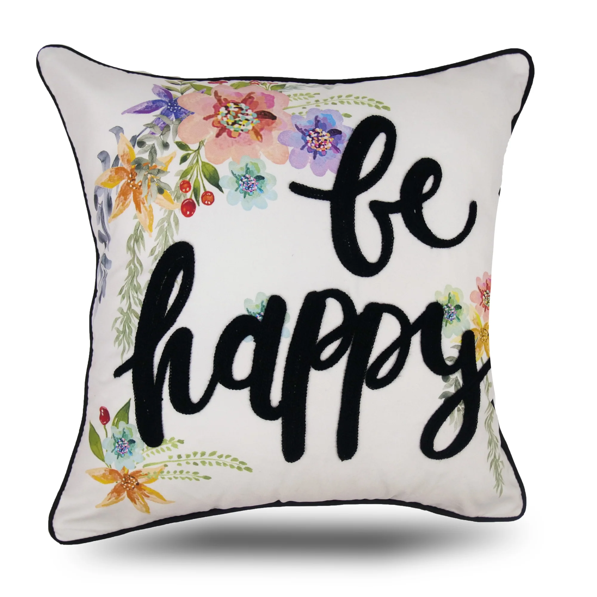 Decorative cushion cover - Be Happy - White - 18 x 18''