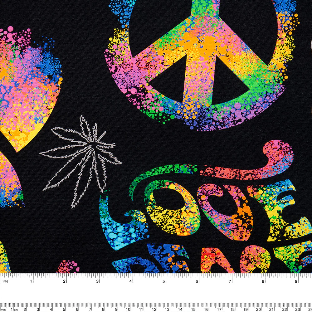 DIGITAL Cotton print - Peace and Love - Symbols - Black - Image 2