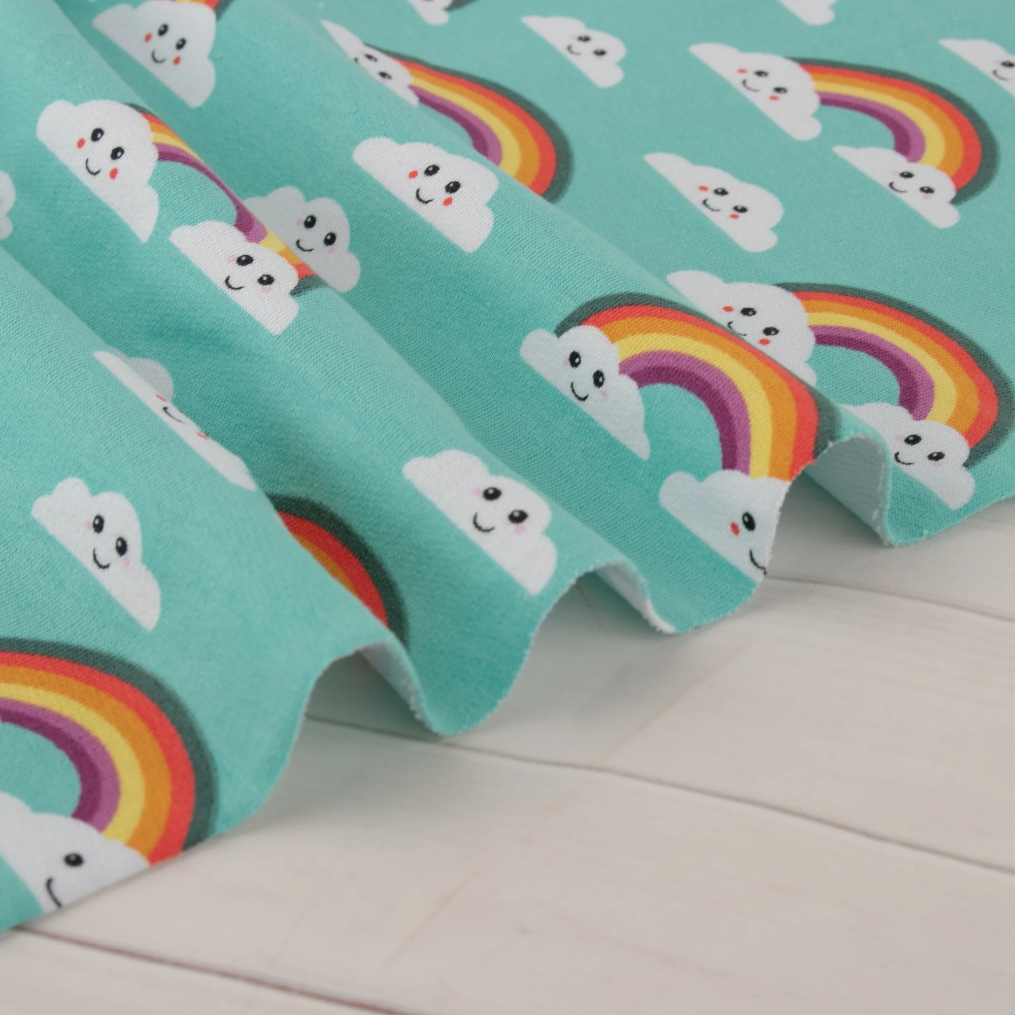 EUROPEAN - Cotton French Terry Print  - Rainbow - Aqua - Image 4