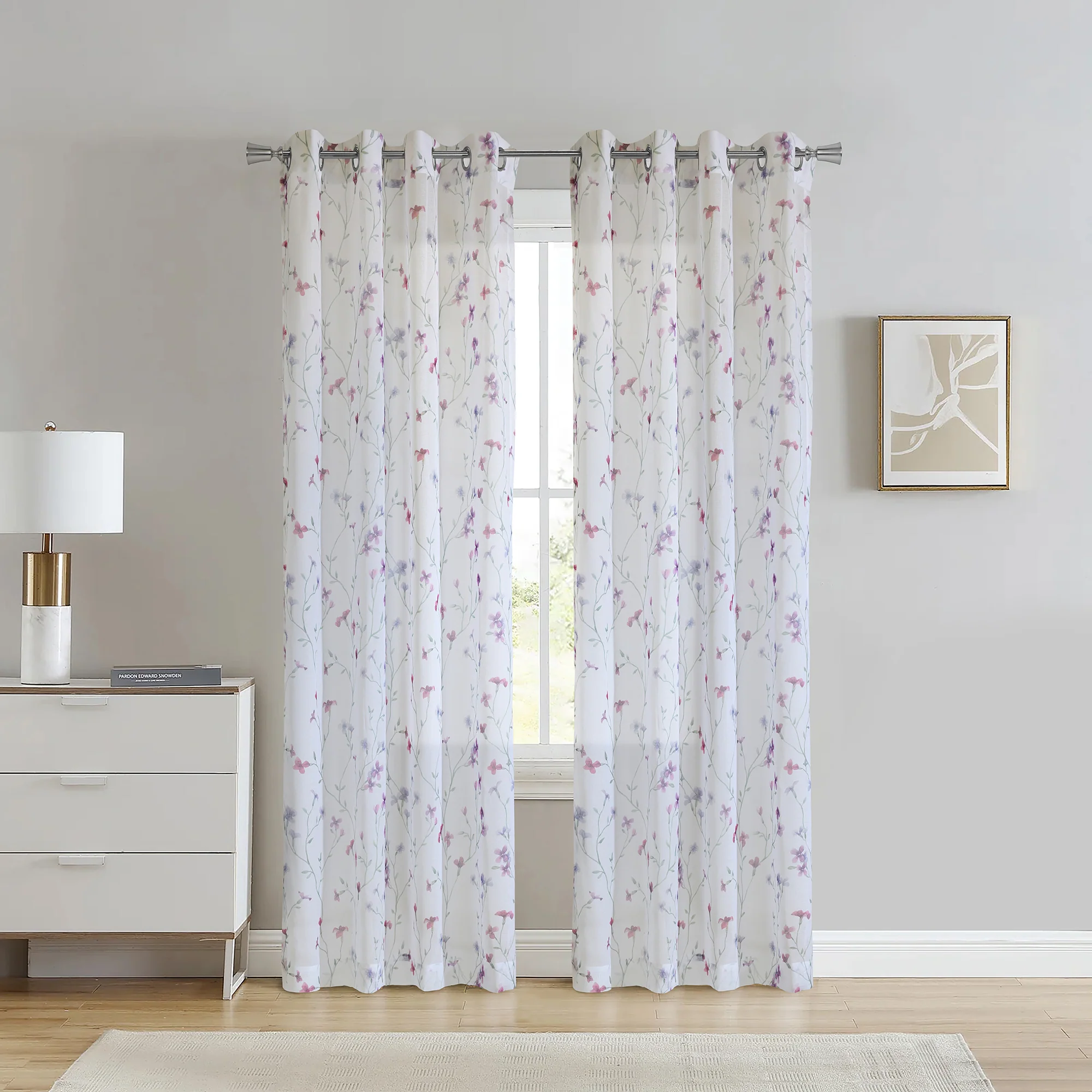 Grommet curtain panel - Aviva - White-Pink