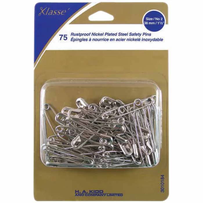 KLASSE´ Nickel Plated Steel Safety Pins 75pcs - 38mm (1½") Size 2
