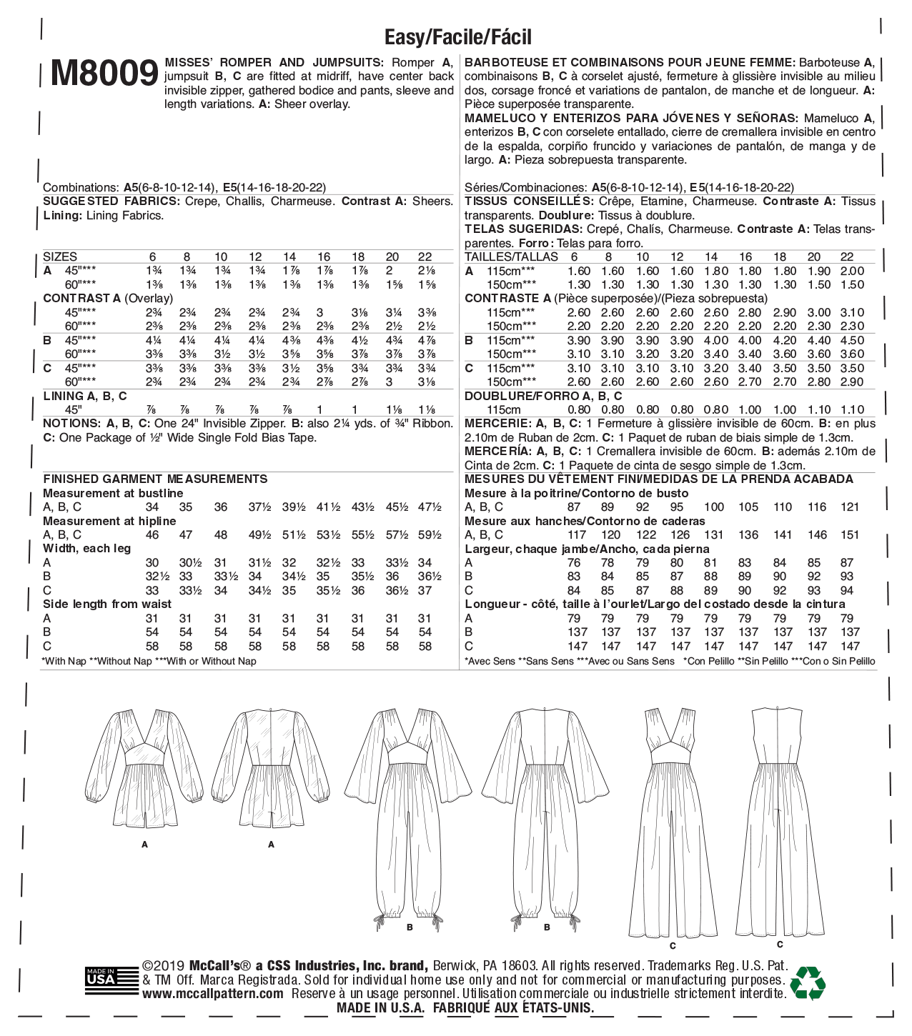 M8009 Misses' Romper and Jumpsuits (size: 14-16-18-20-22) - Image 2