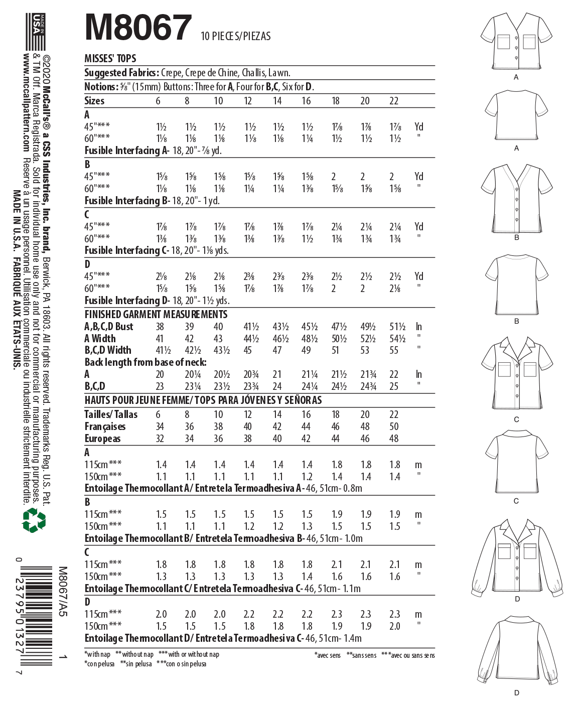 M8067 #LivMcCalls - Misses' Button-Front Tops with Collar and Sleeve Options (size: 14-16-18-20-22) - Image 5