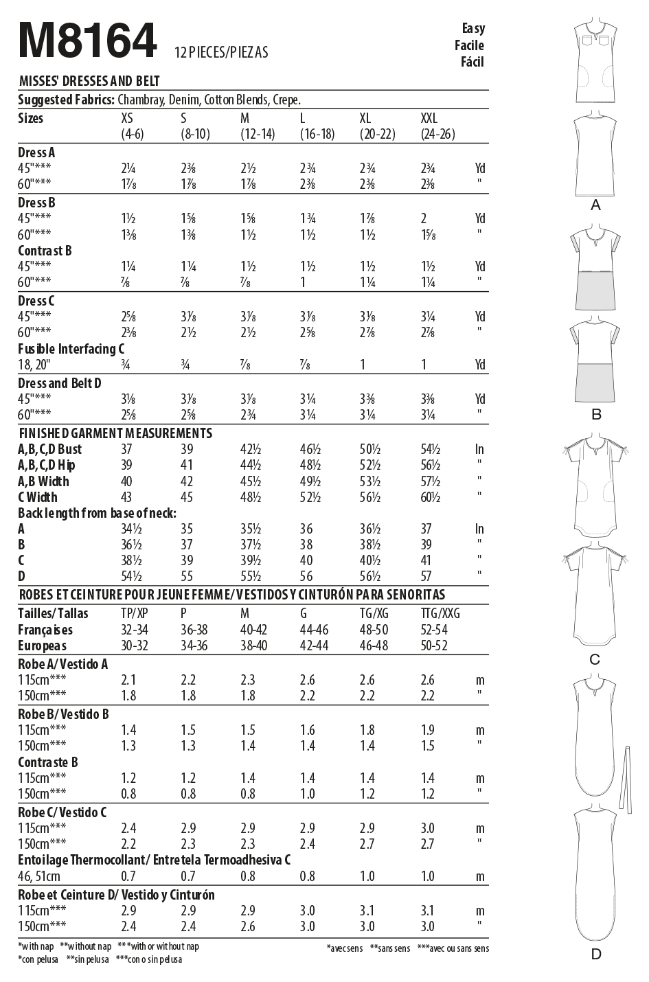 M8164 #RobinMcCalls - Misses' Pullover Dresses With Sleeve Ties, Pocket Variations & Belt (Size: L-XL-XXL) - Image 3