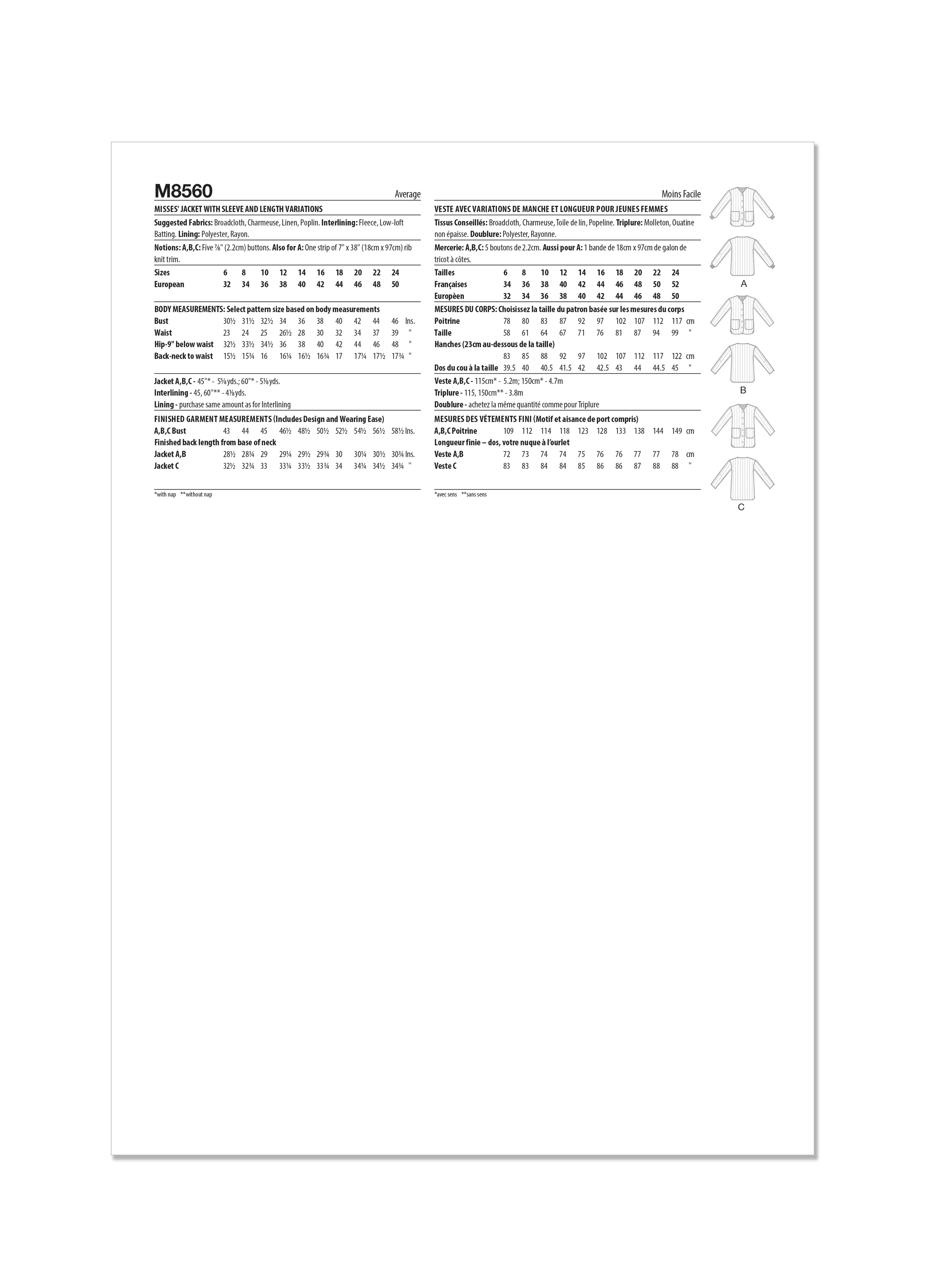 McCall's - M8560 MISSES' JACKET with Sleeve and Length Variations - Image 2