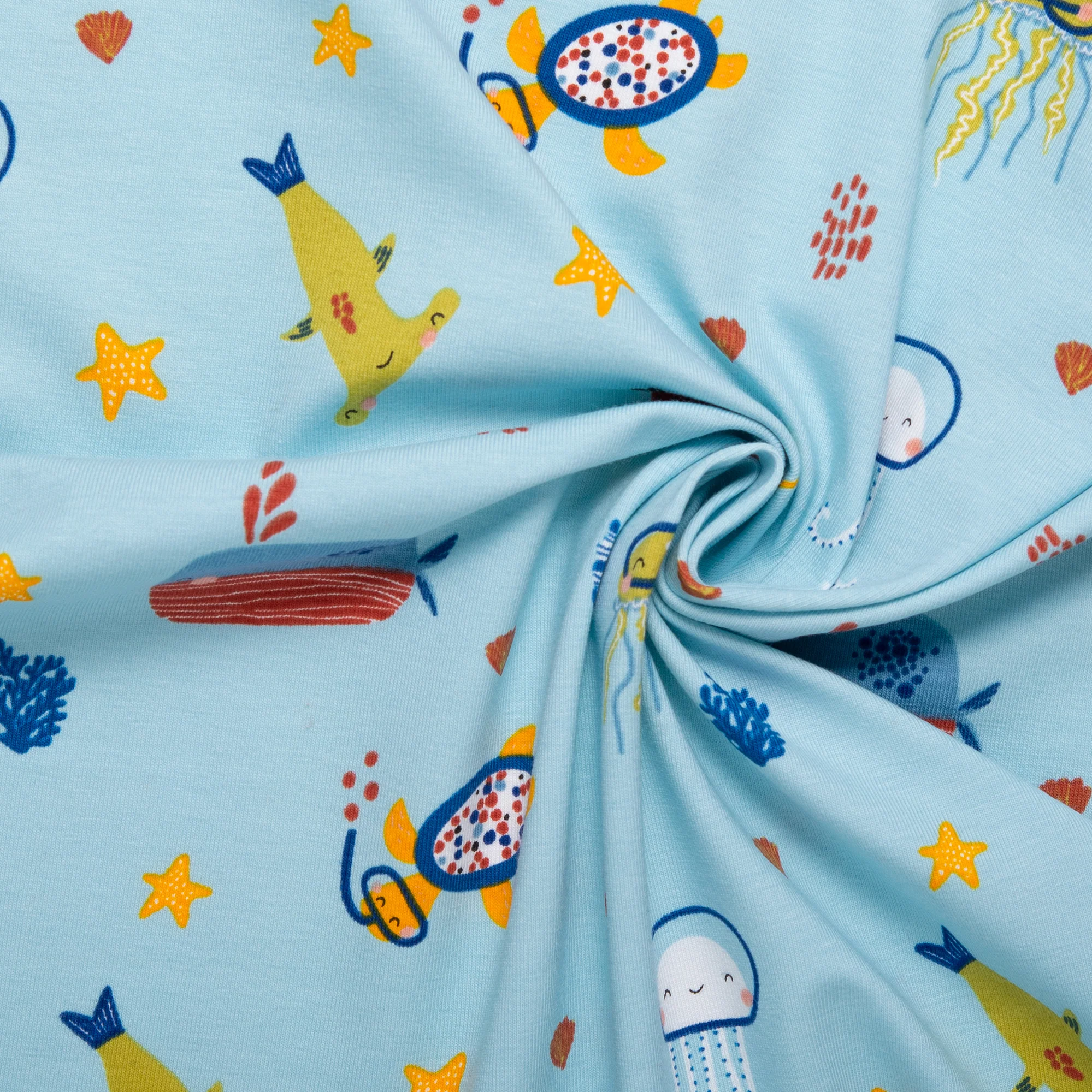 ORGANIC Cotton Lycra Printed Knit - Sea life - Baby blue - Image 2