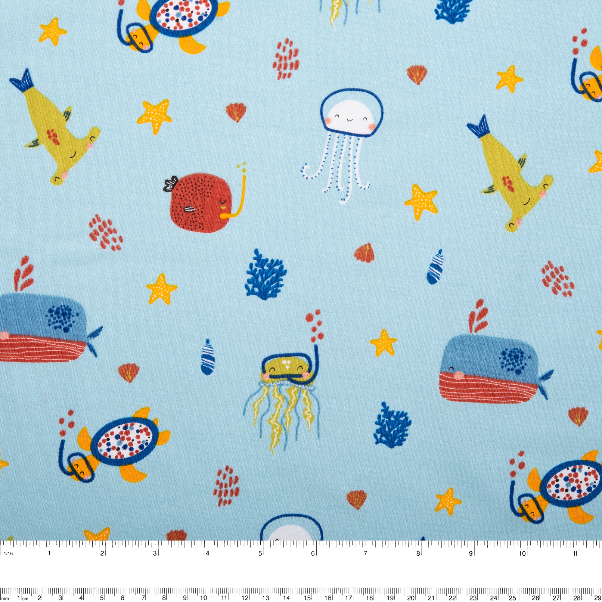 ORGANIC Cotton Lycra Printed Knit - Sea life - Baby blue - Image 3