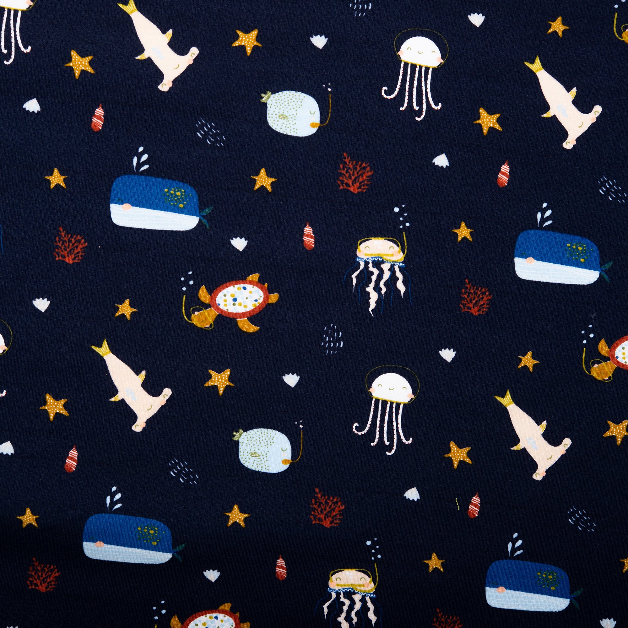 ORGANIC Cotton Lycra Printed Knit - Sea life - Midght