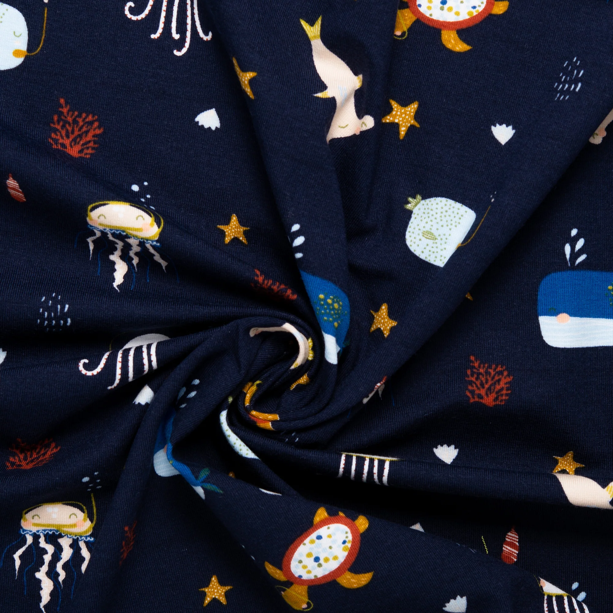 ORGANIC Cotton Lycra Printed Knit - Sea life - Midght - Image 2