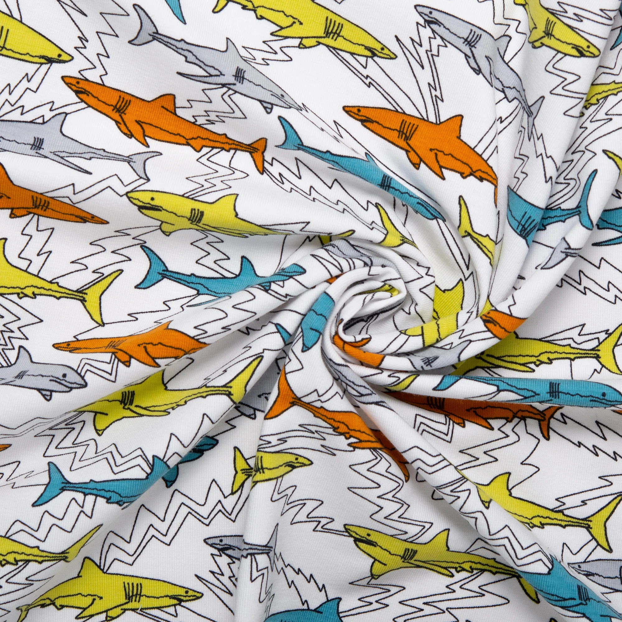 ORGANIC Cotton Lycra Printed Knit - Sharks - White - Image 2