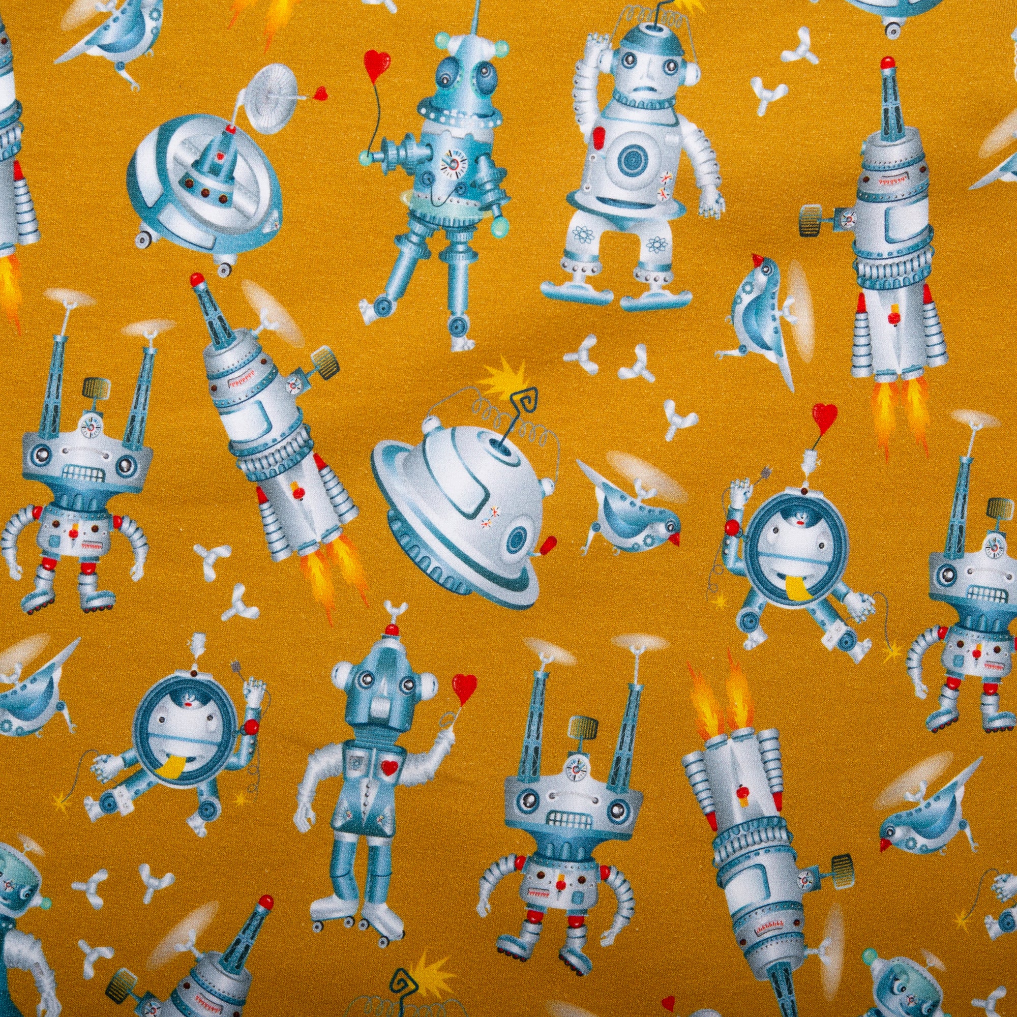ORGANIC Printed Sweatshirt Fleece - GOTS - Robots - Topaz