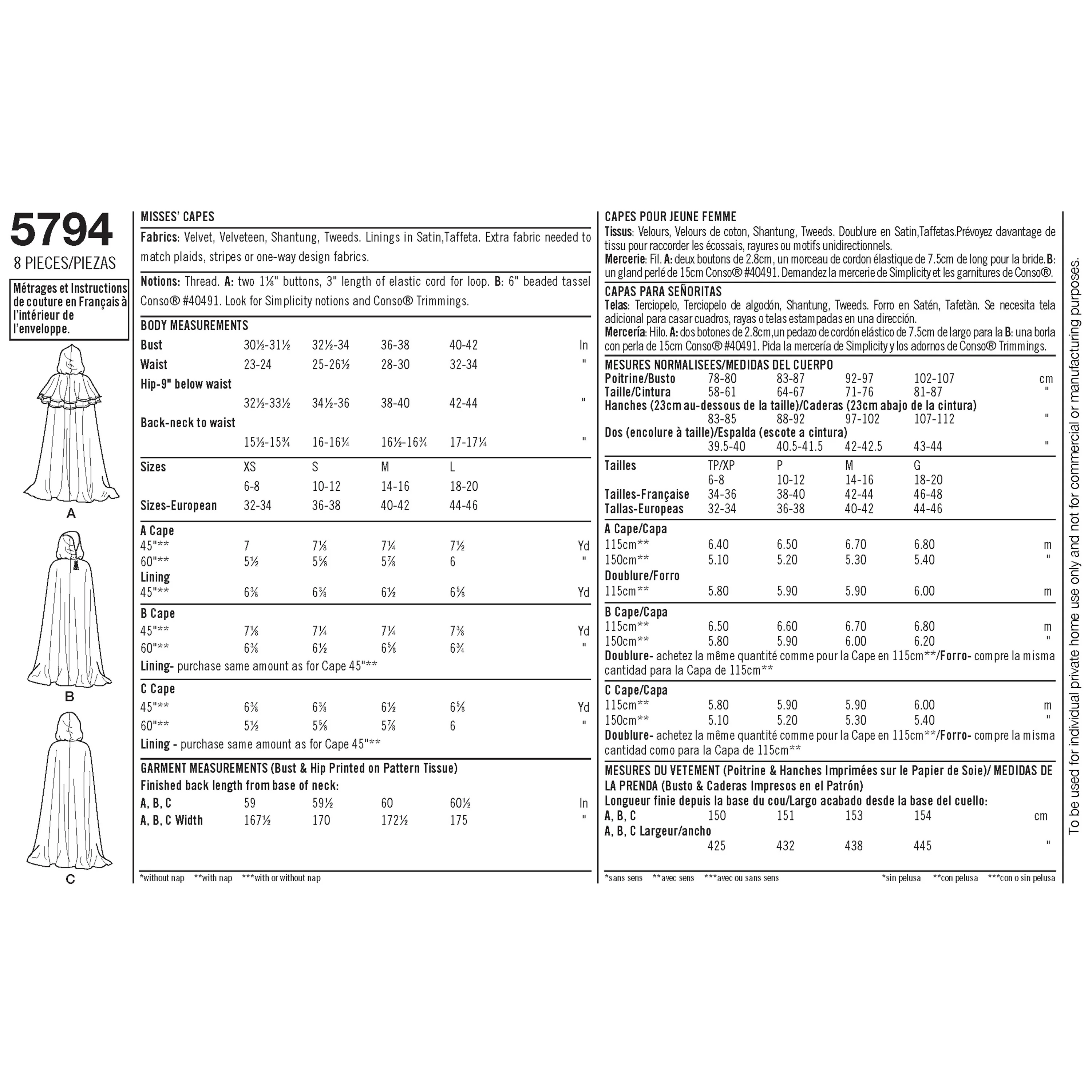 Simplicity S5794 Misses' Capes (XS-S-M-L) - Image 2