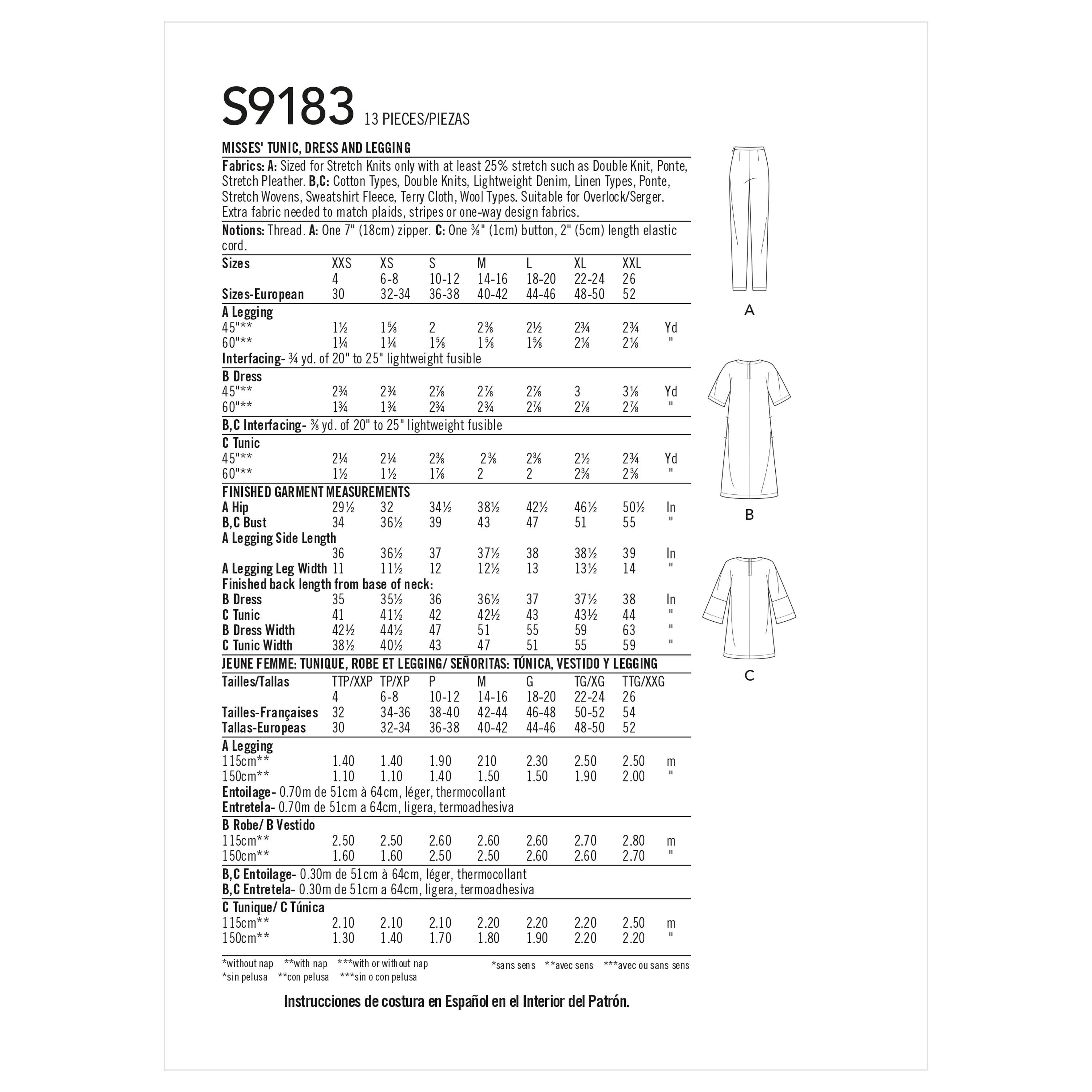 Simplicity S9183 Misses' Tunic, Top, Dress & Legging (XXS-XS-S-M-L-XL-XXL) - Image 2