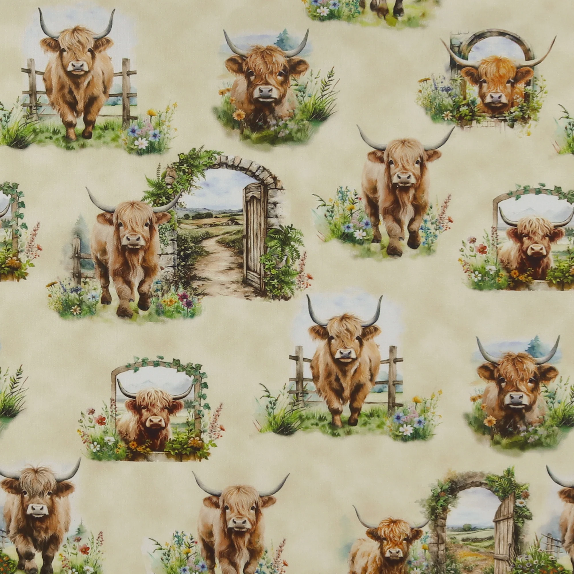 Printed Cotton - Highlands country - 003 - Cream