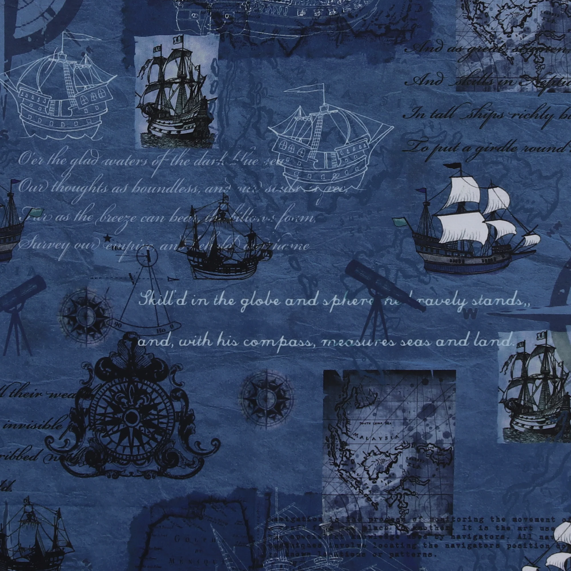 Printed Cotton - Sailing Away - 002 - Navy