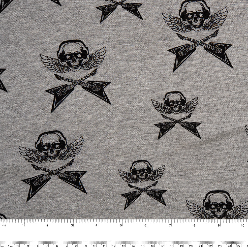 Printed Knit Bonded to Fur - Skull - Grey - Image 4