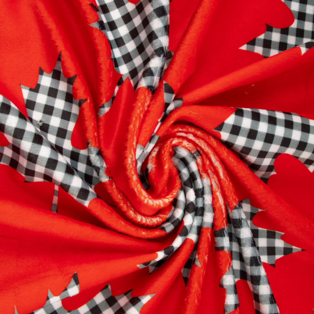 Printed Micro Chenille - DIGITAL - Maple leafs / Plaids - Red - Image 3