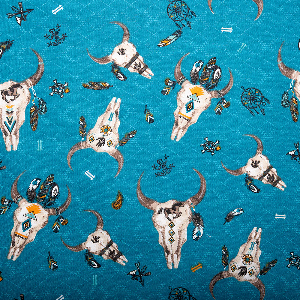 SPIRIT TRAIL Printed Cotton - Beef skull - Blue