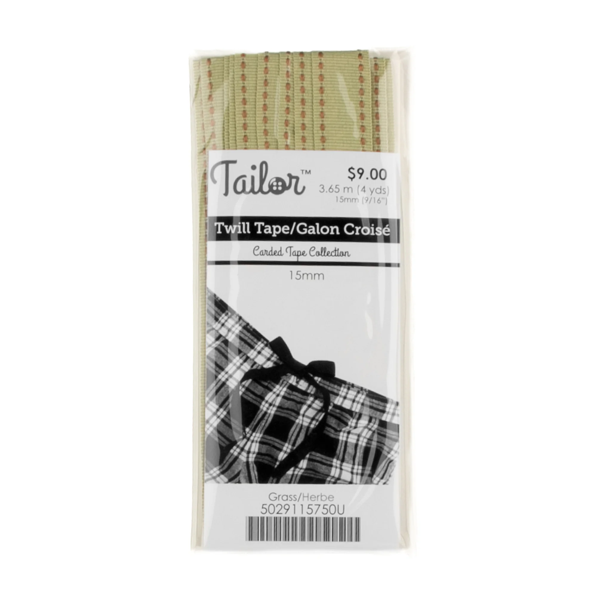 Twill Tape Stitched 15mm - Grass