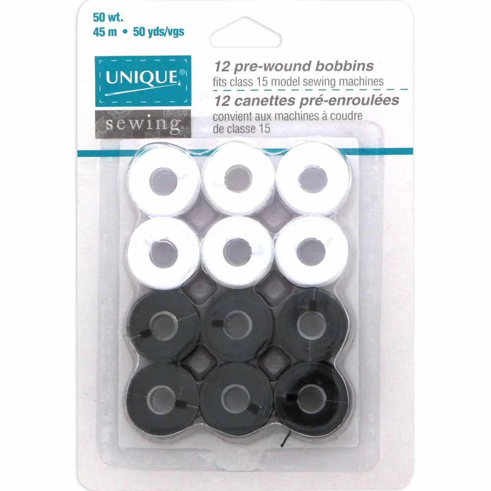 UNIQUE SEWING Pre-Wound Reusable Bobbins Black & White - 12pcs
