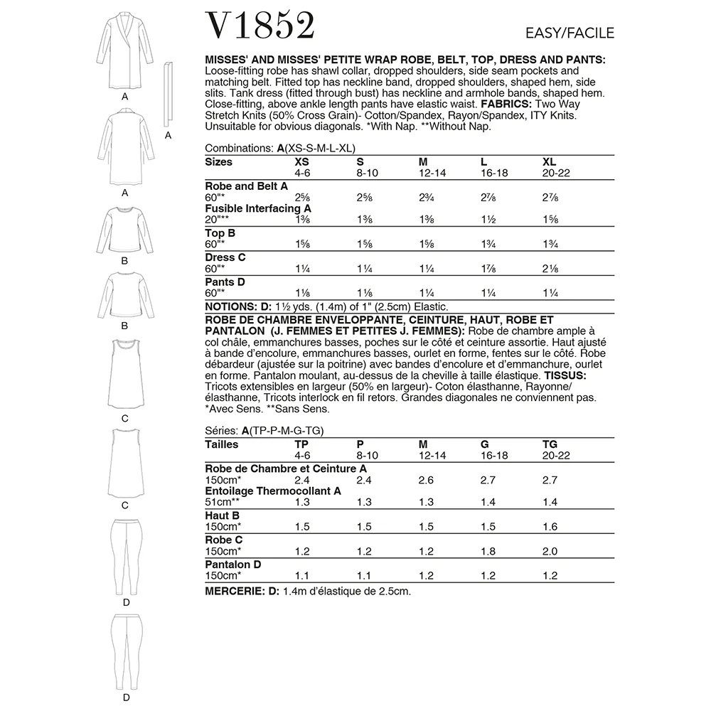V1852 Misses' and Misses' Petite Wrap Robe, Belt, Top, Dress and Pants (XS-S- M-L-XL) - Image 2