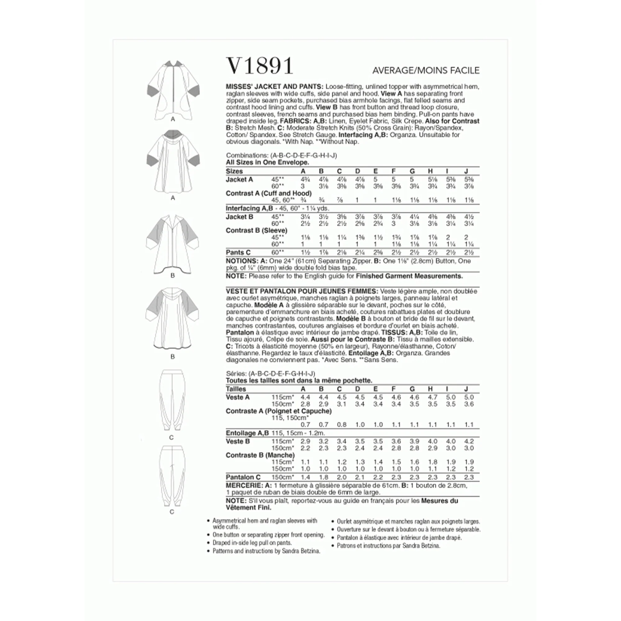 V1891 Misses' Jacket and Trousers by Sandra Betzina - Image 2