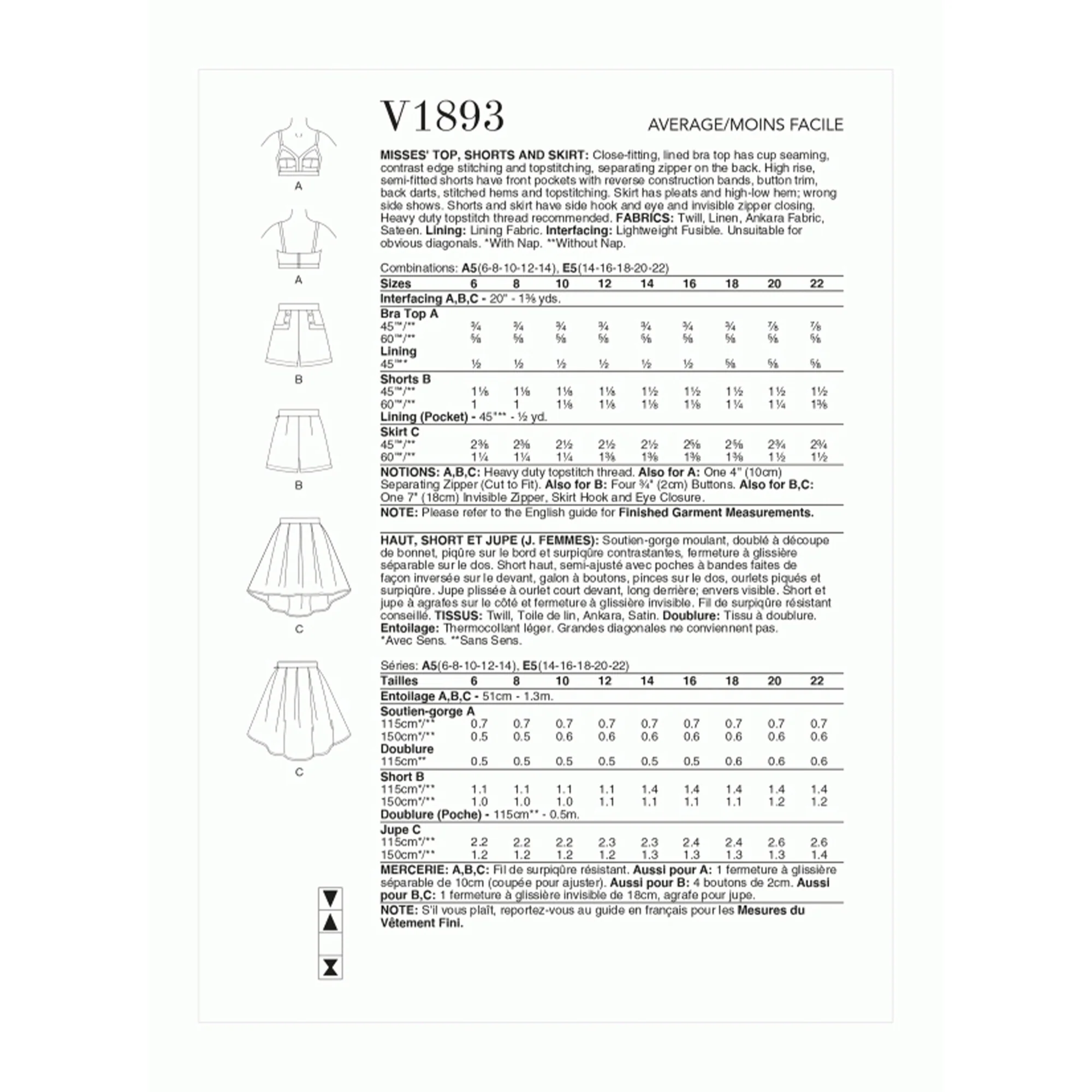 V1893 Misses' Top, Shorts and Skirt (16-18-20-22) - Image 2