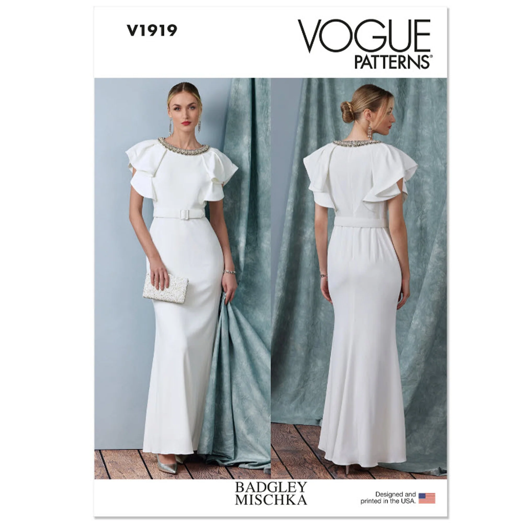 V1919 Misses' Full Length Dress with Belt by Badgley Mischka