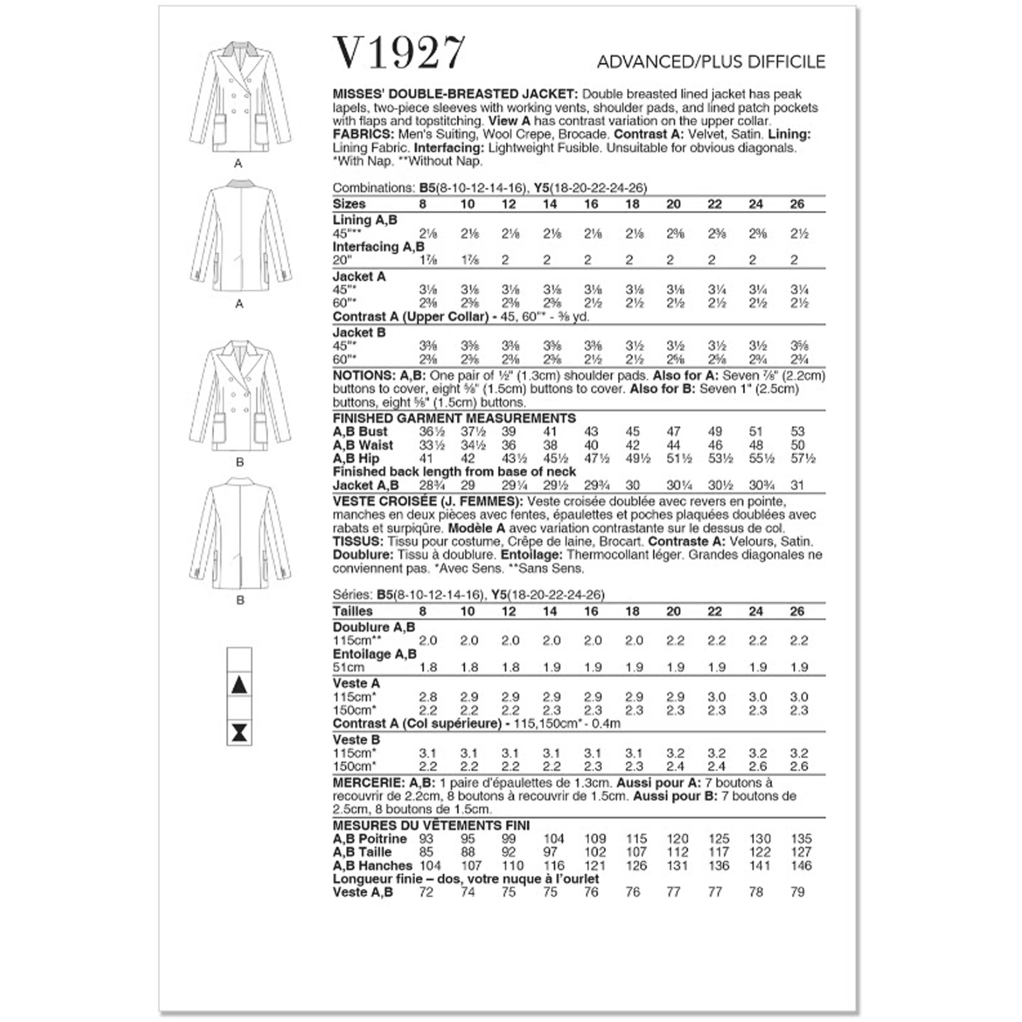 V1927 Misses' Double-Breasted Jacket (18-20-22-24-26) - Image 2