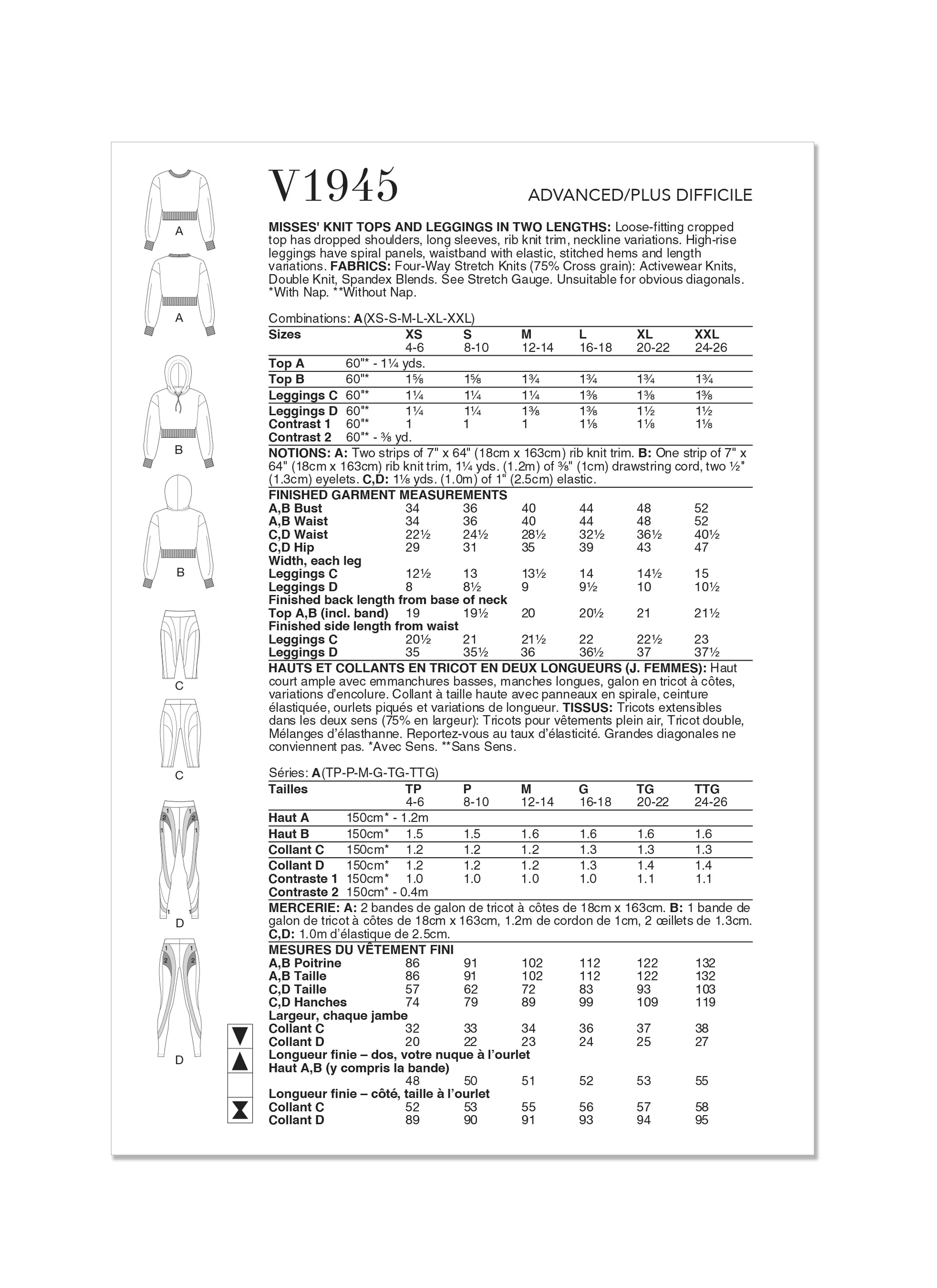 V1945 MISSES' KNIT TOPS AND LEGGINGS IN TWO LENGTHS - Image 2