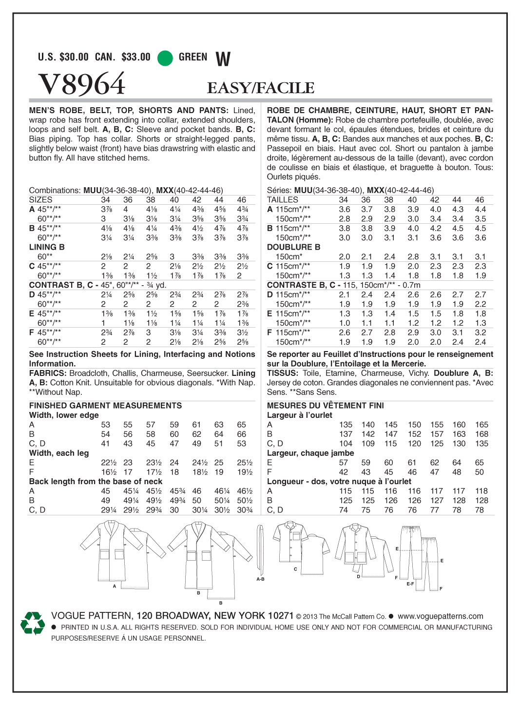 V8964 Men's Robe, Top, Shorts and Pants - Mens - Image 4