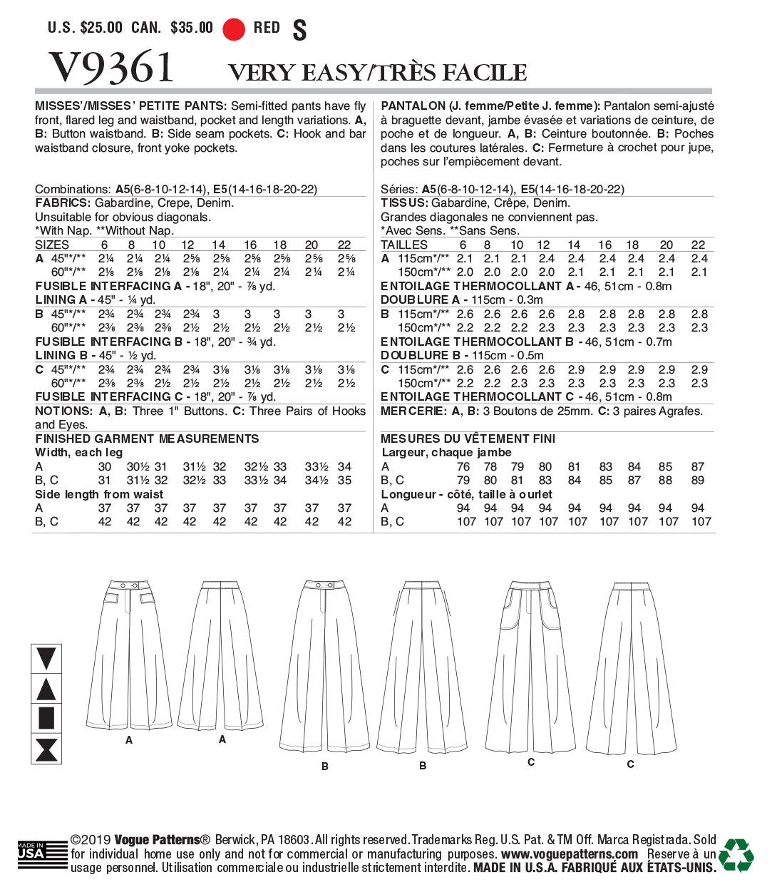 V9361 Misses'/Misses' Petite Pants (size: 14-16-18-20-22) - Image 5